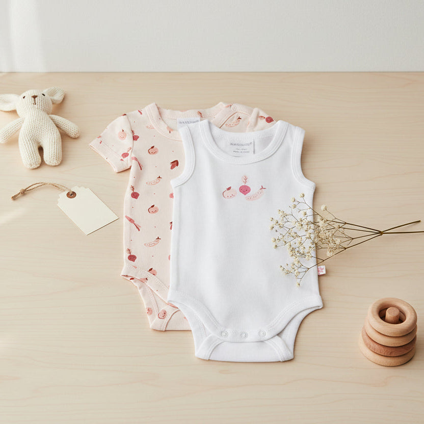 Two baby bodysuits with bird patterns on a table background