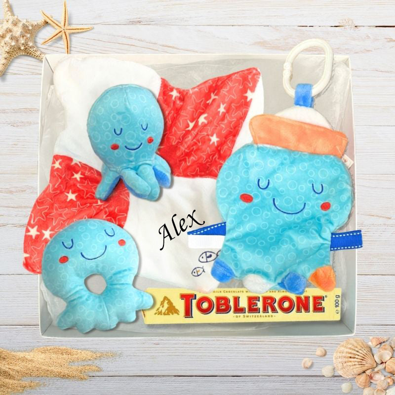 Under The Sea Personalised Baby Gift Hamper with cure octopus baby toys and chocolates