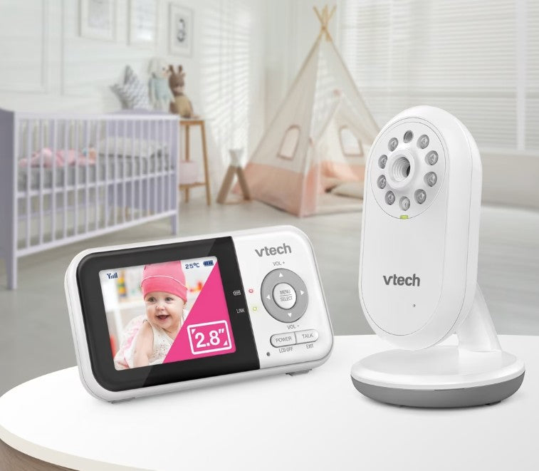 Vtech baby monitor with display in a nursery setting