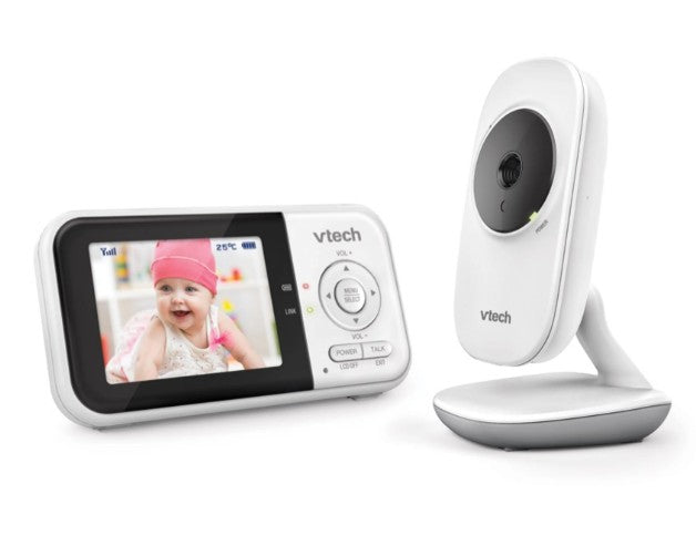 Vtech baby monitor with a screen displaying a baby and a camera on a white background