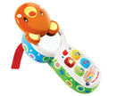 Colorful toy phone with cartoon character on a white background