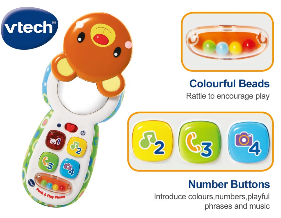 Vtech toy with colorful beads and number buttons on a white background