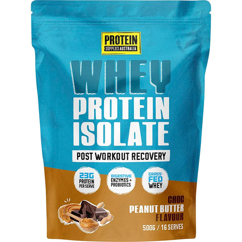 Protein powder package with blue and brown design on a white background
