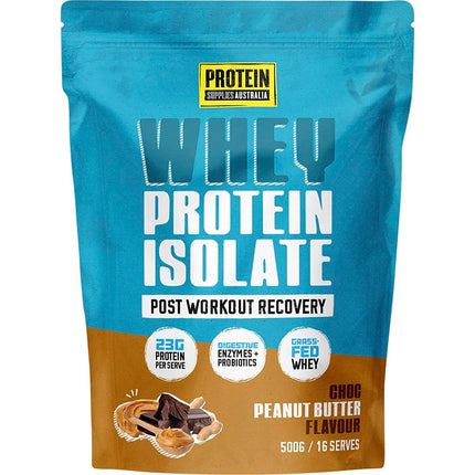 Protein powder package with blue and brown design on a white background