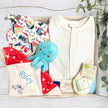 Baby gift set with blue octopus and baby clothing in gift box