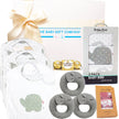 Baby gift set with grey elephant bibs, socks, and chocolate, branded 'The Baby Gift Company'.
