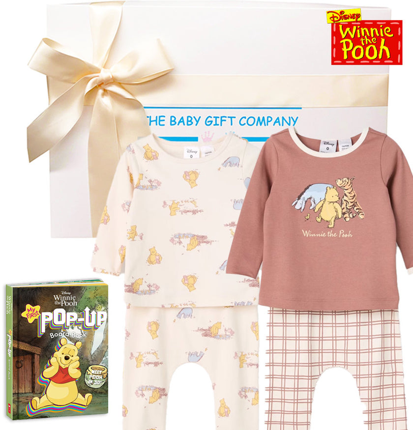 Winnie the pooh organic baby clothes and pop up Disney book with a gift box from The Baby Gift Company