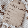 Wooden Birth Announcement Hello World on fabric