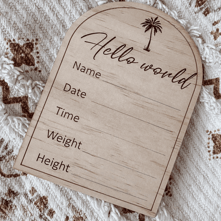 Wooden Birth Announcement Hello World on fabric
