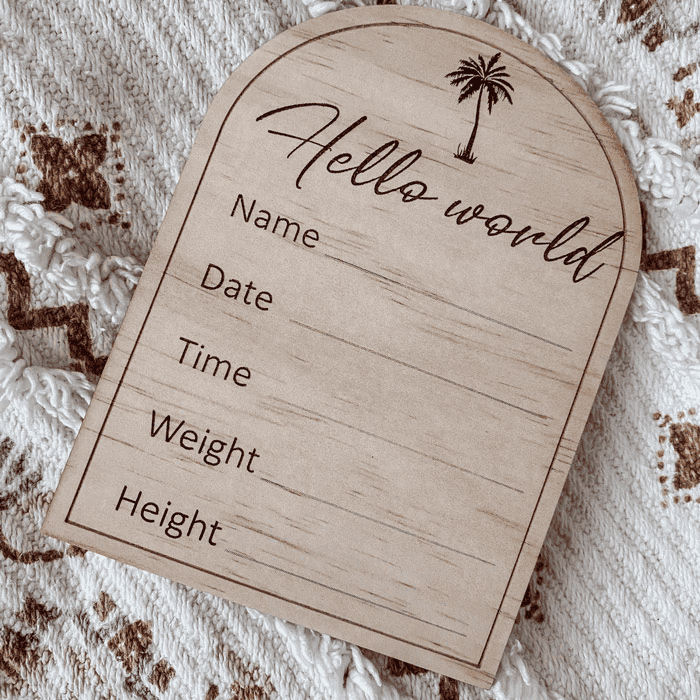 Wooden Birth Announcement Hello World on fabric