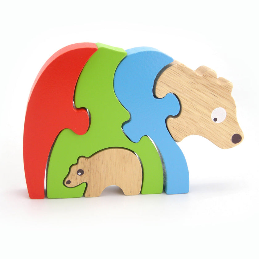 Colourful wooden bear stacking puzzle on a white background