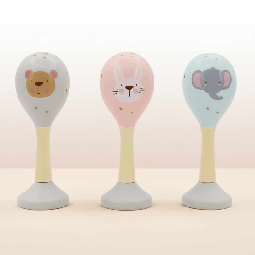 Three baby rattles with animal faces on table