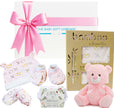 Bamboo by Bubba Blue baby gift set with pink teddy bear, clothing, and soap product in gift box