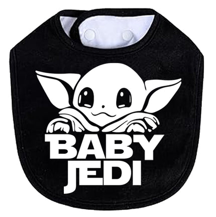 Black bib with a white graphic of a baby and 'Baby Jedi' text on a white background