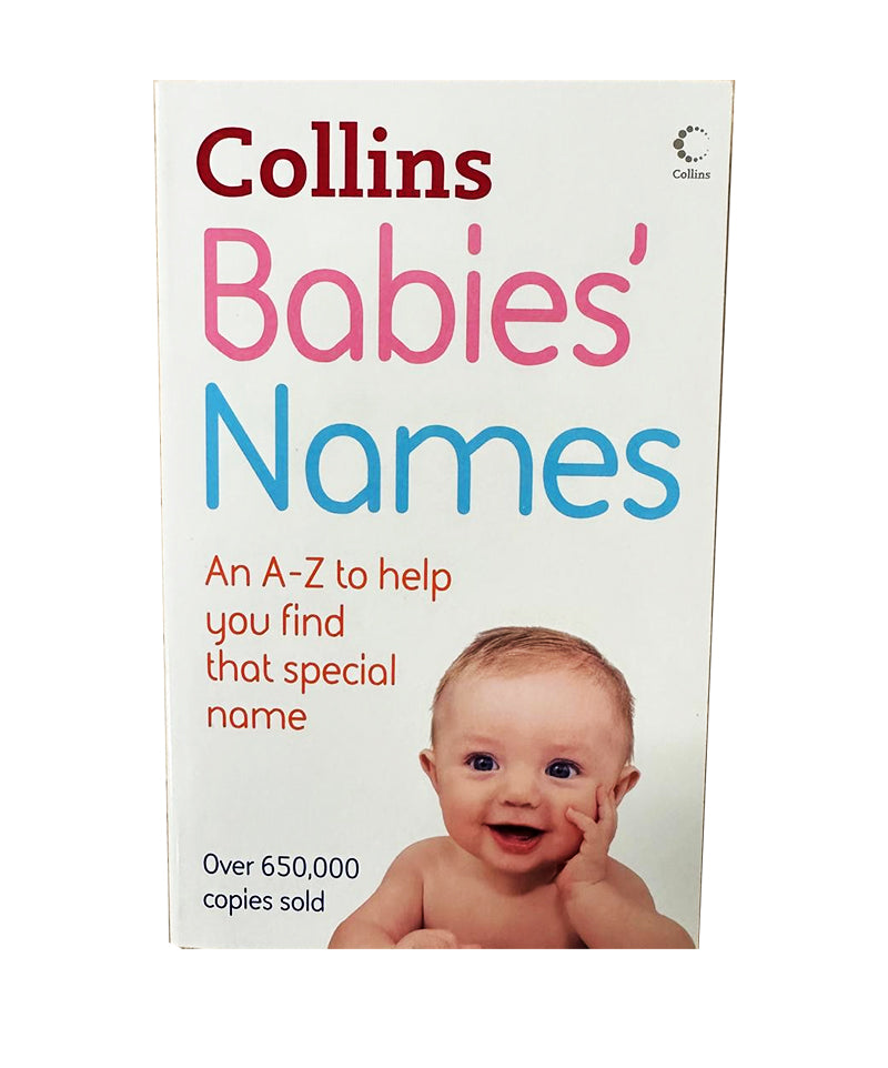 Book cover of 'Collins Babies' Names' with a baby's face on a white background