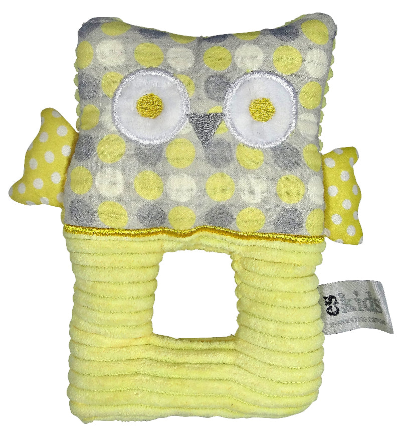 Yellow and gray polka dot owl-shaped toy with a white tag on a white background