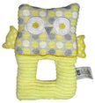 Yellow and gray polka dot owl-shaped toy with a white tag on a white background