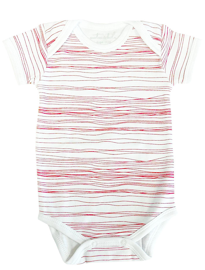 White baby onesie with red wavy lines on a white background