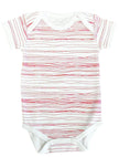 White baby onesie with red wavy lines on a white background