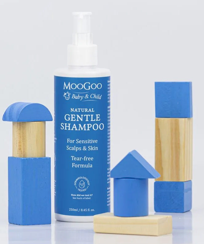 Moogoo Baby & Child natural gentle shampoo bottle with blue packaging on a white background