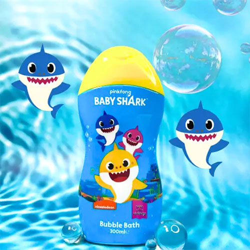 Baby Shark bubble bath bottle with cartoon sharks on a blue water background