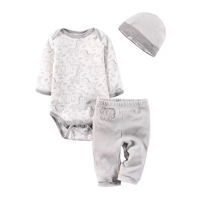 Baby outfit set with bodysuit, pants, and hat on a white background