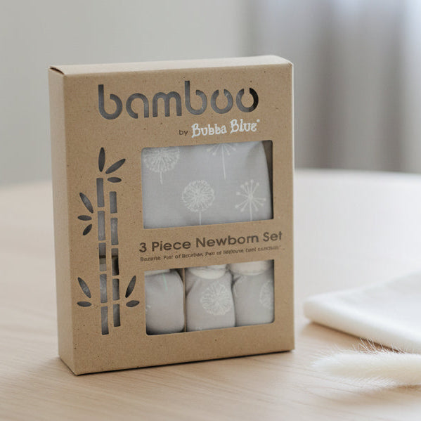 Bubba Blue Bamboo 3-piece newborn set packaging on a textured surface