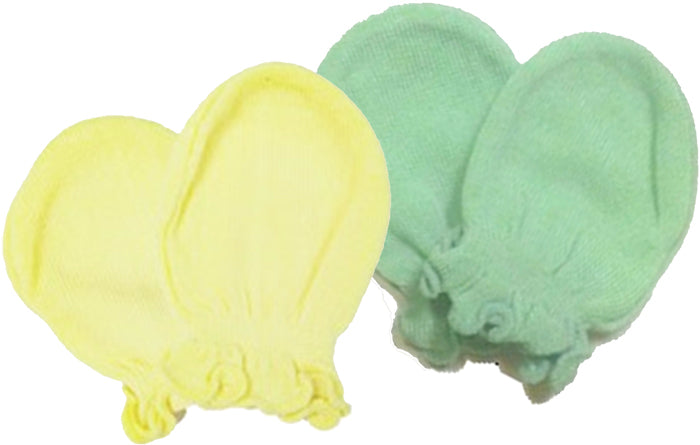 Two small baby mittens, yellow and green items on a white background.