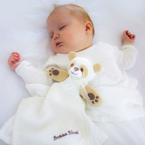 Baby sleeping with a teddy bear toy on a white background