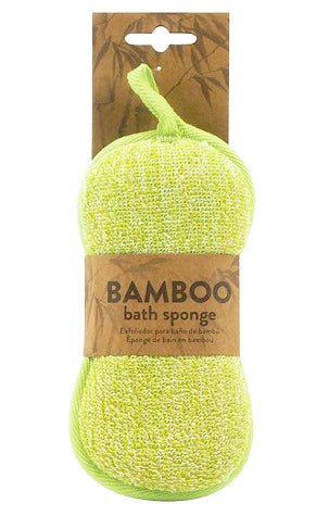 Green bamboo bath sponge with packaging on a white background
