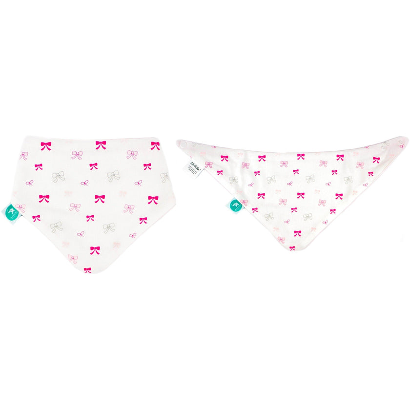 Two baby bibs with bow pattern on a white background