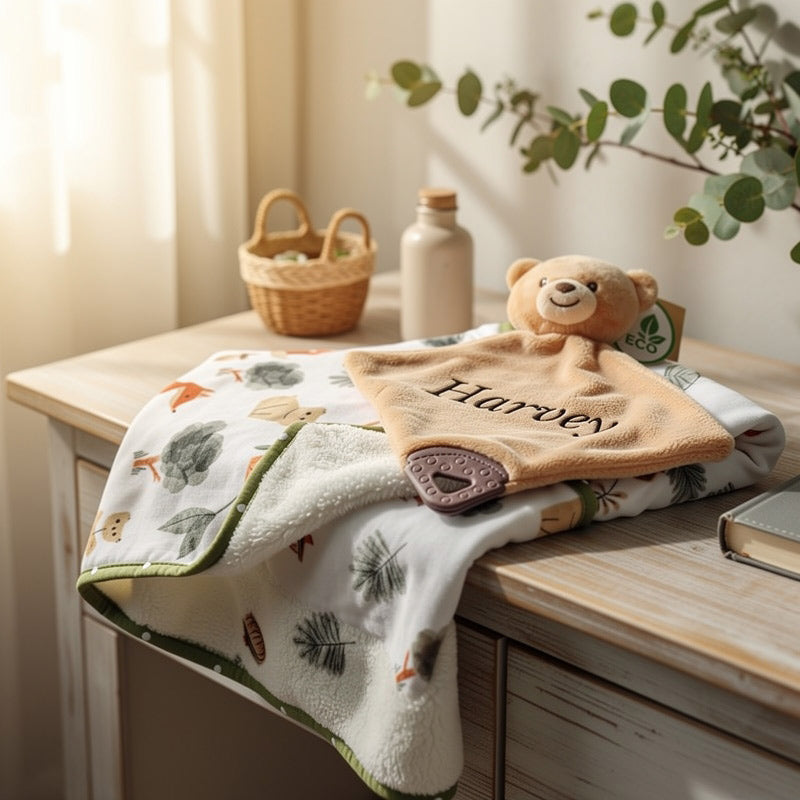 Plush toy bear with baby name on top of a baby blanket on table background