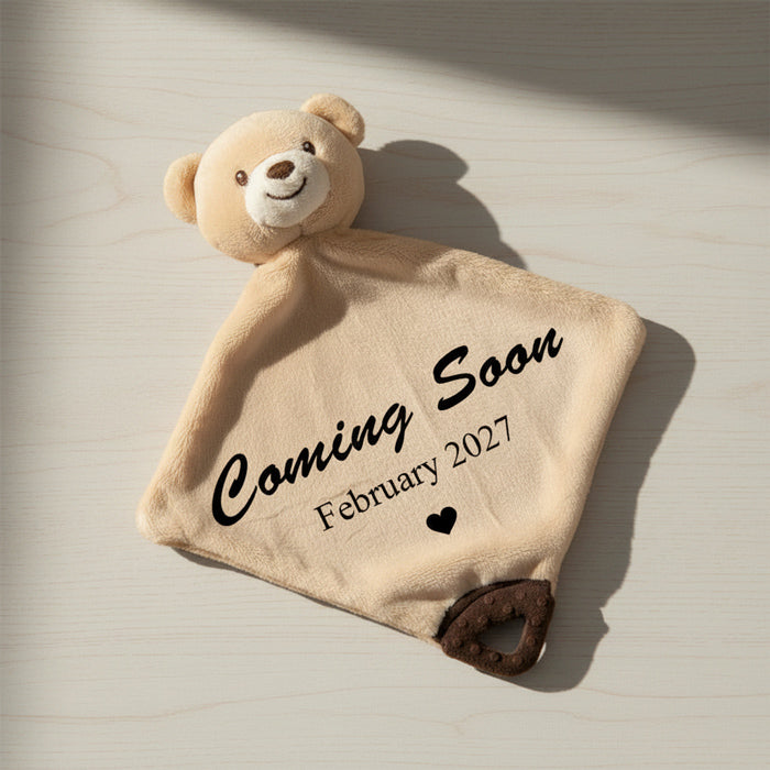 Personalised pregnancy announcement çoming soon' bear comforter toy with custom baby reveal message