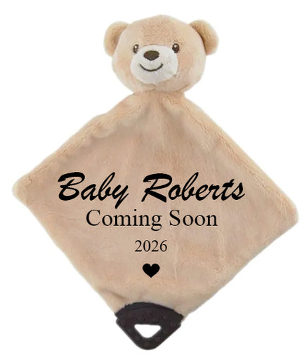 Personalised pregnancy announcement bear comforter toy with custom baby reveal message