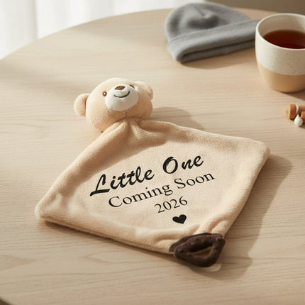 Personalised pregnancy announcement 'little one' bear comforter toy with custom baby reveal message