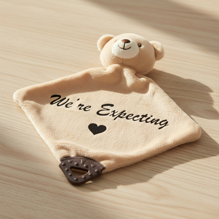 Personalised 'we're expecting' pregnancy announcement bear comforter toy with custom baby reveal message