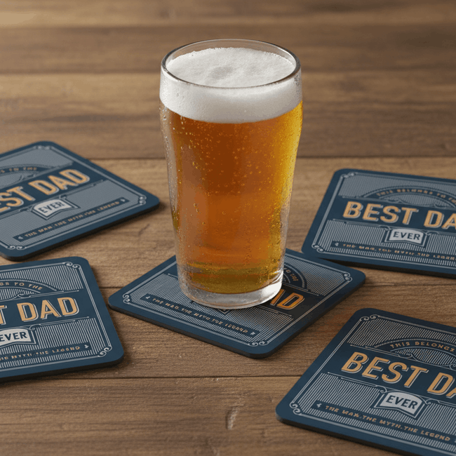 Best Dad drink coasters 5 pack with pint of beer on the table