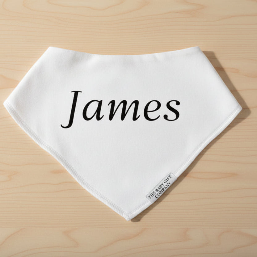 White bandana with 'James' printed on it, featuring a brand logo.