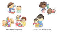 Illustrations of babies playing with toys and interacting with each other on a white background.