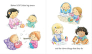 Illustrated book page with babies and a big sister playing together.