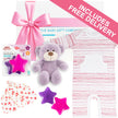 Baby gift set with purple teddy bear, star-shaped teether, and baby clothes on a white background.
