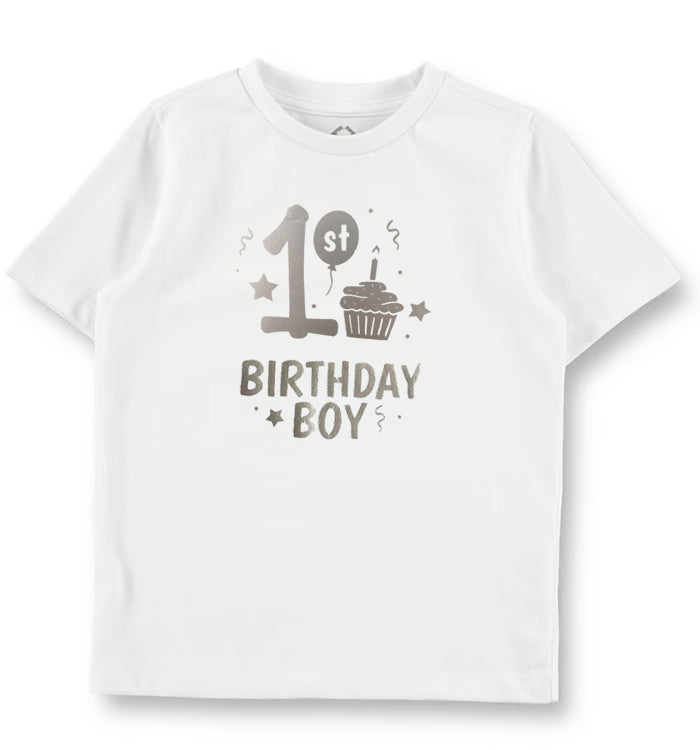 White t-shirt with '1st Birthday Boy' text and graphics on a white background