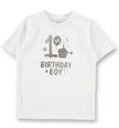 White t-shirt with '1st Birthday Boy' text and graphics on a white background