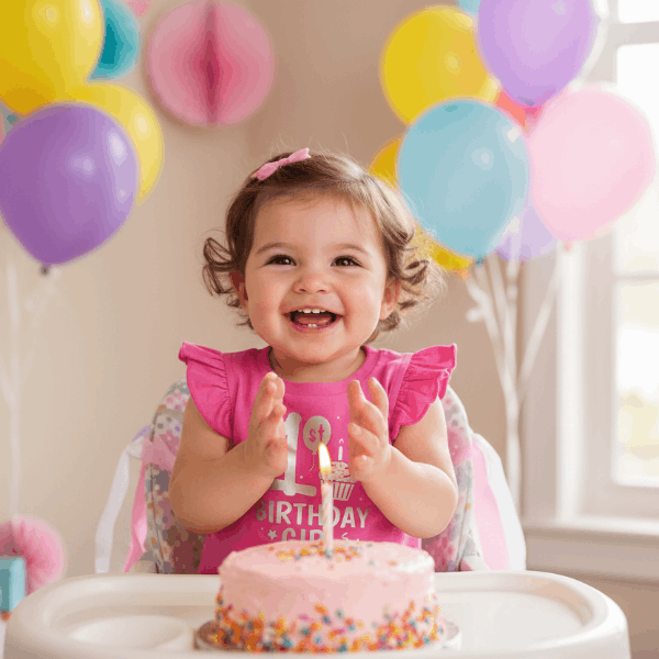 Girl celebrating her first birthday with a cake and balloons