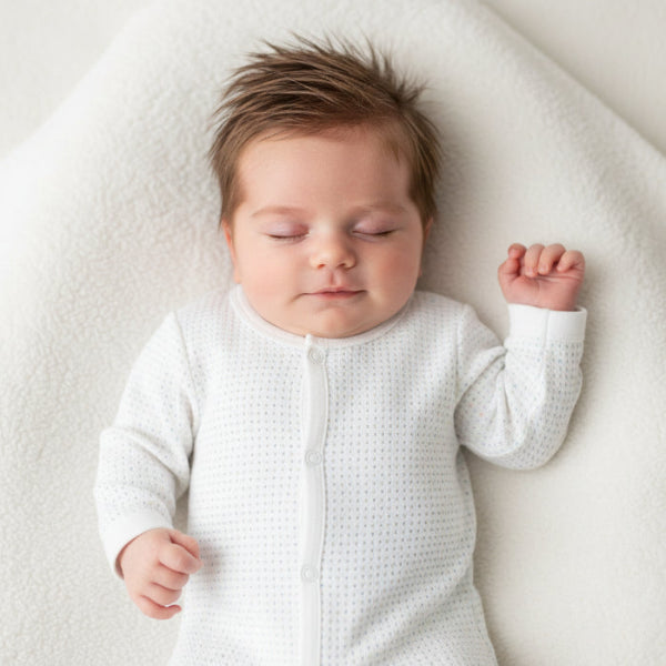 Marquise blue dot romper on sleeping baby