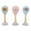 Three maracas with animal designs on a white background