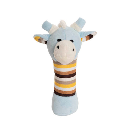 Blue giraffe plush toy with striped sleeves on a white background