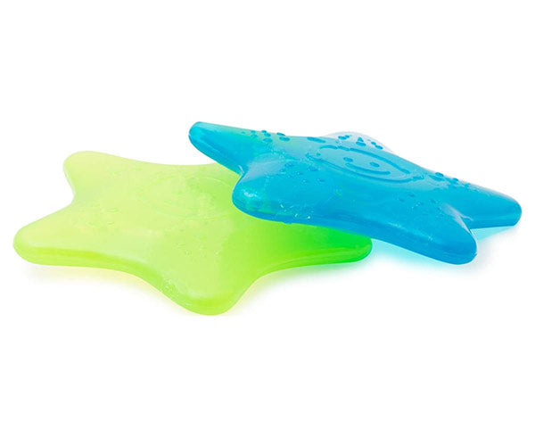 Blue and green star-shaped toy on a white background