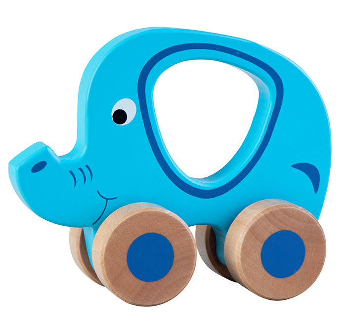 Blue elephant-shaped toy with wooden wheels on a white background
