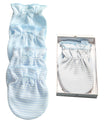 Blue and white striped baby mittens with a matching box on a white background